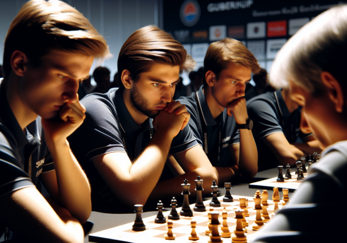 alt_text: Pertandingan catur dengan peserta berfokus dan papan catur besar di Gubernur Cup 2025.