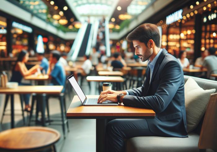 alt_text: Pegawai bekerja dengan laptop di kafe mall, menggabungkan kerja dan pemasaran efektif.
