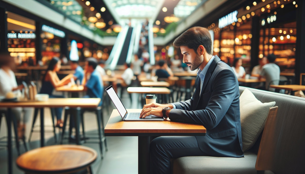 alt_text: Pegawai bekerja dengan laptop di kafe mall, menggabungkan kerja dan pemasaran efektif.