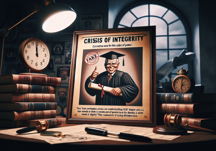 alt_text: "Karikatur sindir politikus gunakan ijazah palsu demi kekuasaan, simbol krisis integritas."
