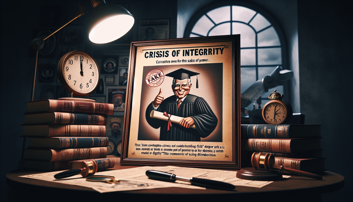alt_text: "Karikatur sindir politikus gunakan ijazah palsu demi kekuasaan, simbol krisis integritas."