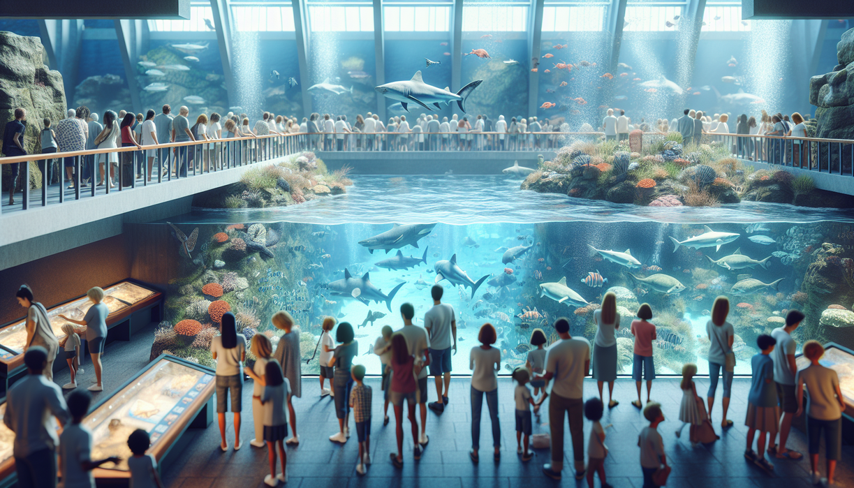 alt_text: Akuarium dengan pengunjung menikmati pemandangan ikan-ikan, hiburan edukatif bagi keluarga.