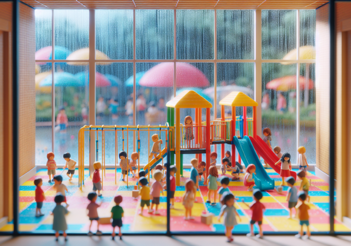 alt_text: Anak-anak bermain di taman bermain indoor saat hujan di luar, penuh warna dan ceria.