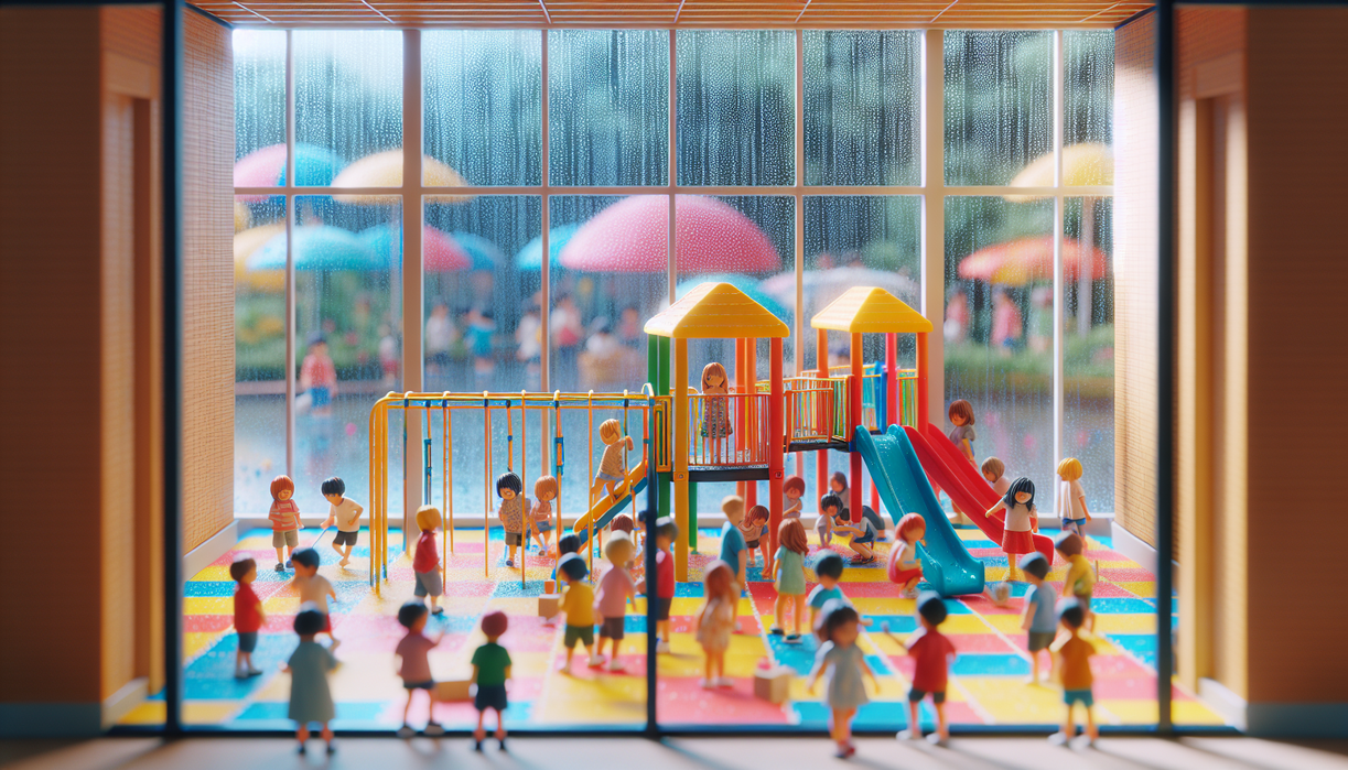 alt_text: Anak-anak bermain di taman bermain indoor saat hujan di luar, penuh warna dan ceria.