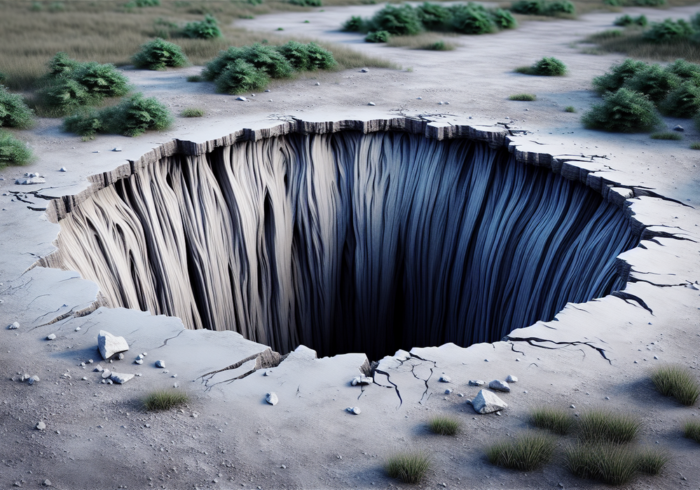 "alt_text": "Sebuah sinkhole besar muncul di tanah, memperlihatkan kedalaman misterius."