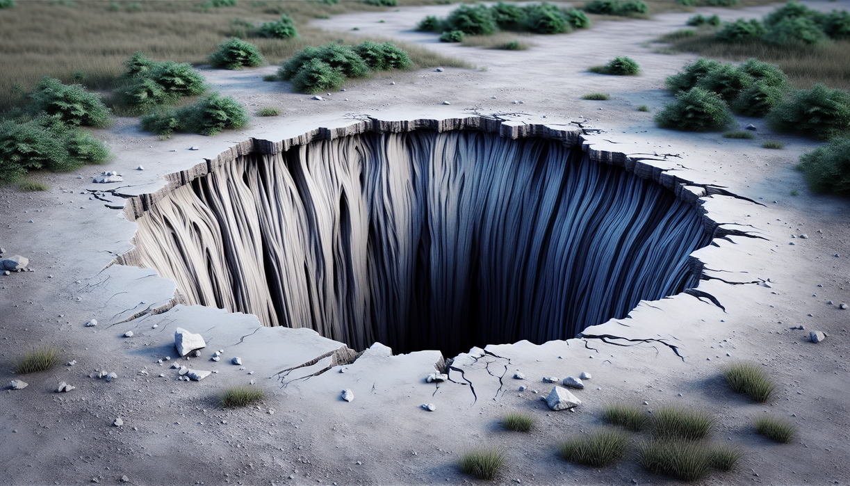 "alt_text": "Sebuah sinkhole besar muncul di tanah, memperlihatkan kedalaman misterius."