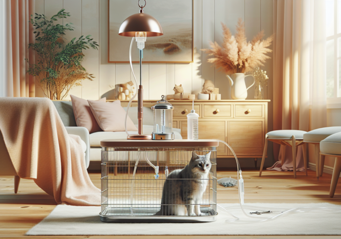 Sterilisasi kucing di rumah dengan desain interior yang menenangkan. Nama output: "alt_text".