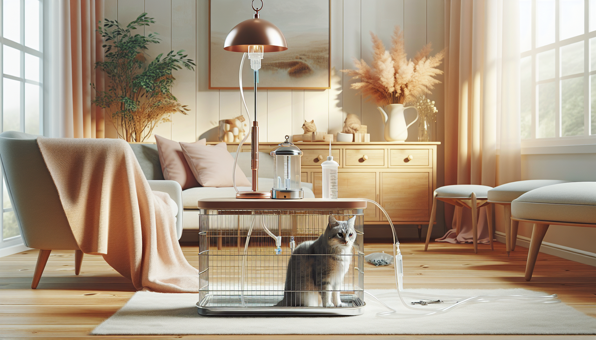 Sterilisasi kucing di rumah dengan desain interior yang menenangkan. Nama output: "alt_text".