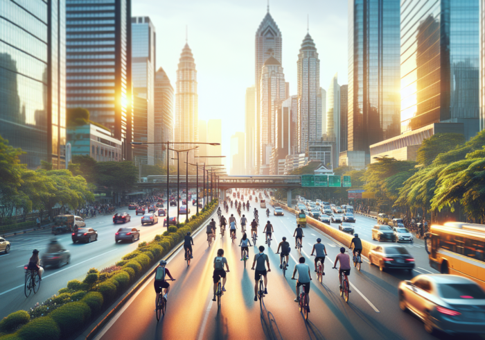 ```plaintext alt_text: Pengendara sepeda memakai helm, jaket terang, dan mematuhi rambu lalu lintas di jalan kota. ```