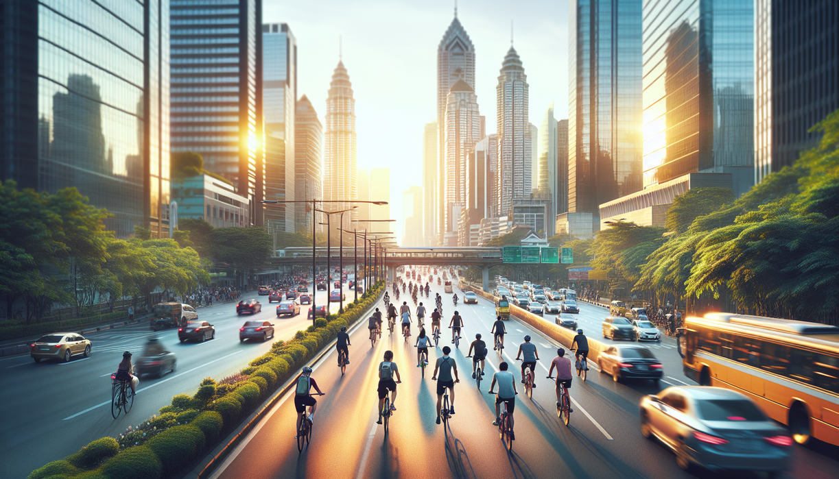 ```plaintext alt_text: Pengendara sepeda memakai helm, jaket terang, dan mematuhi rambu lalu lintas di jalan kota. ```