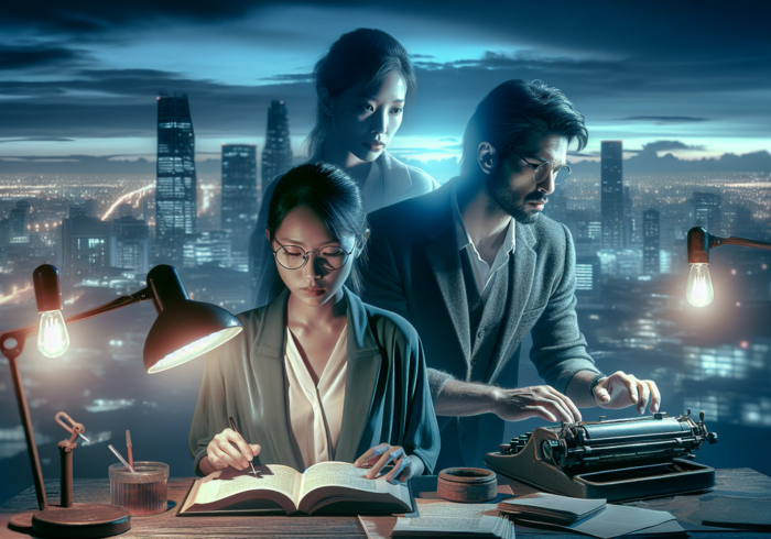 "alt_text": "Orang menulis di laptop dengan ikon media sosial dan buku, fokus pada konten berkualitas di era digital."