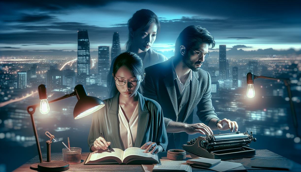 "alt_text": "Orang menulis di laptop dengan ikon media sosial dan buku, fokus pada konten berkualitas di era digital."