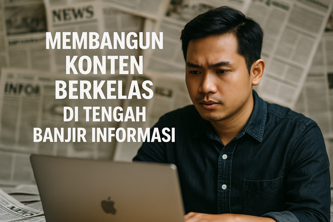 alt_text: Edukasi membuat konten unggul di era informasi berlimpah, fokus pada strategi dan kualitas.