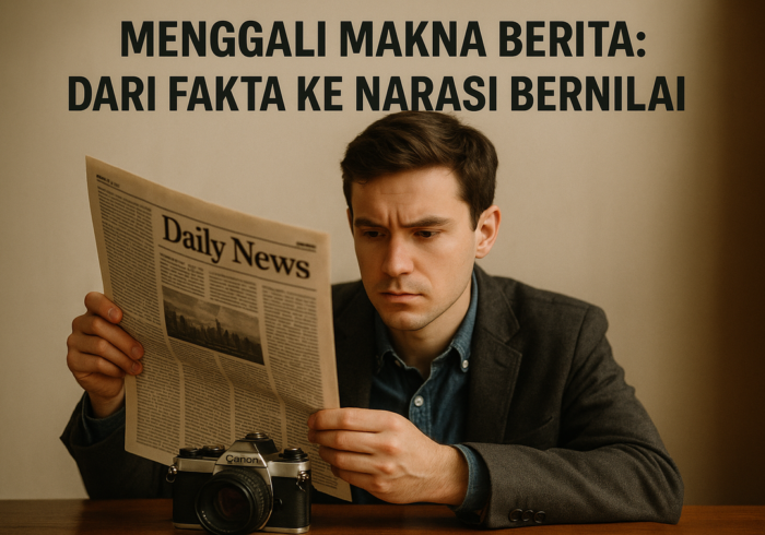 alt_text: Orang membaca koran dengan latar belakang simbol-simbol narasi dan koneksi berita.