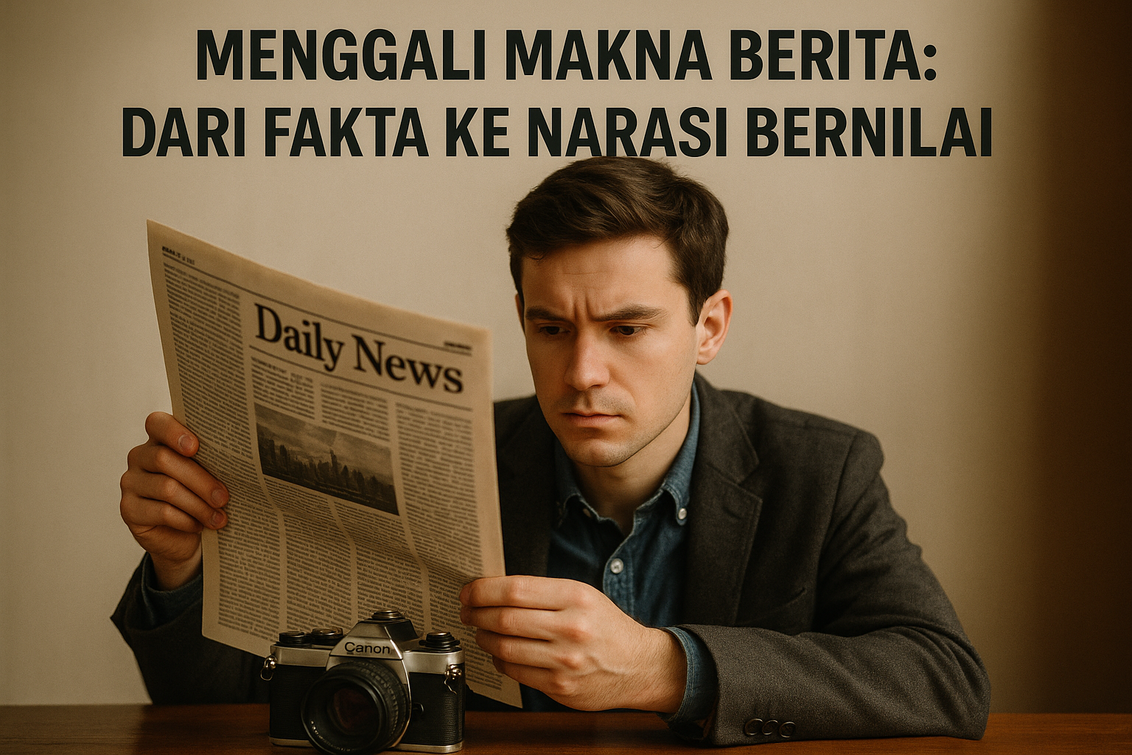 alt_text: Orang membaca koran dengan latar belakang simbol-simbol narasi dan koneksi berita.