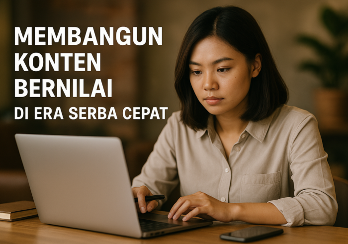 alt_text: "Ilustrasi menulis konten berkualitas di era digital serba cepat dengan gawai modern."