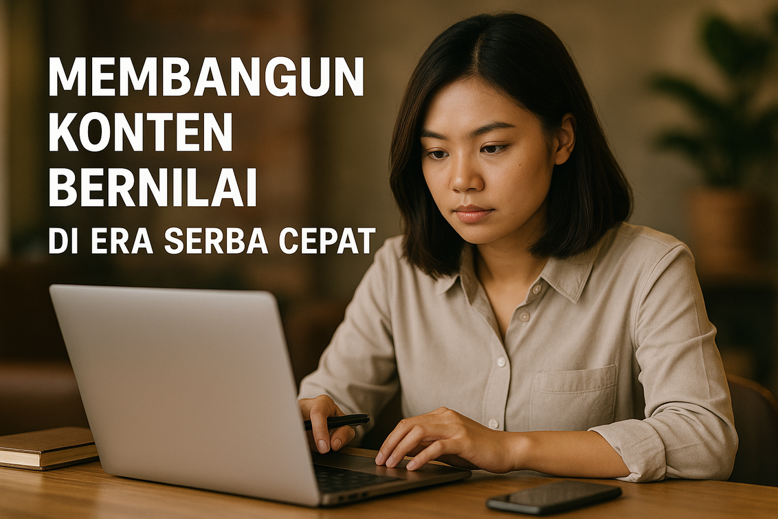 alt_text: "Ilustrasi menulis konten berkualitas di era digital serba cepat dengan gawai modern."