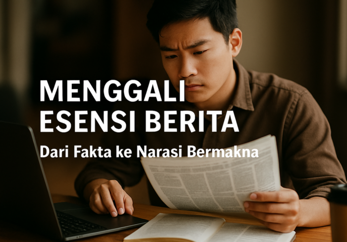 "alt_text": "Jurnalis merangkai berita dari fakta menjadi cerita bermakna, menggambarkan proses mendalam."