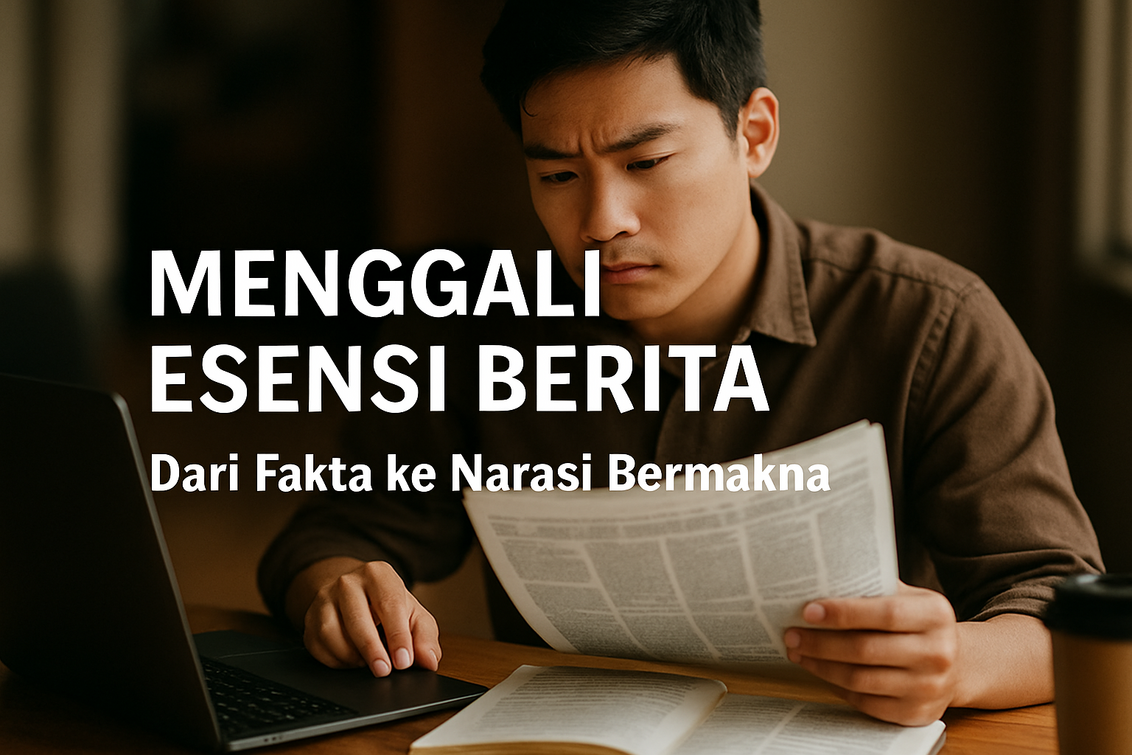 "alt_text": "Jurnalis merangkai berita dari fakta menjadi cerita bermakna, menggambarkan proses mendalam."