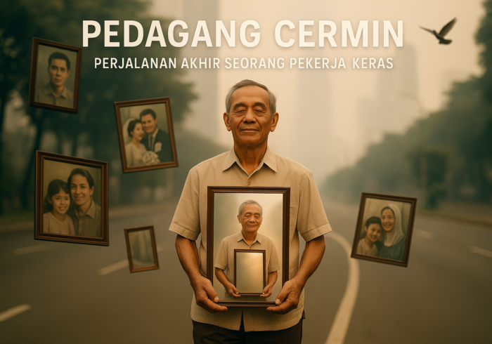 Kerusuhan Pejompongan: jalan sepi dengan kaca retak, menggambarkan tragedi dan kehilangan.