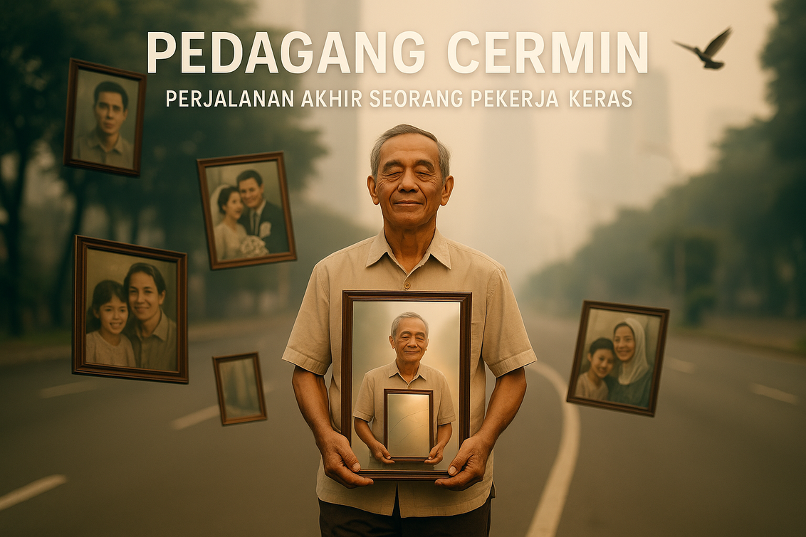 Kerusuhan Pejompongan: jalan sepi dengan kaca retak, menggambarkan tragedi dan kehilangan.